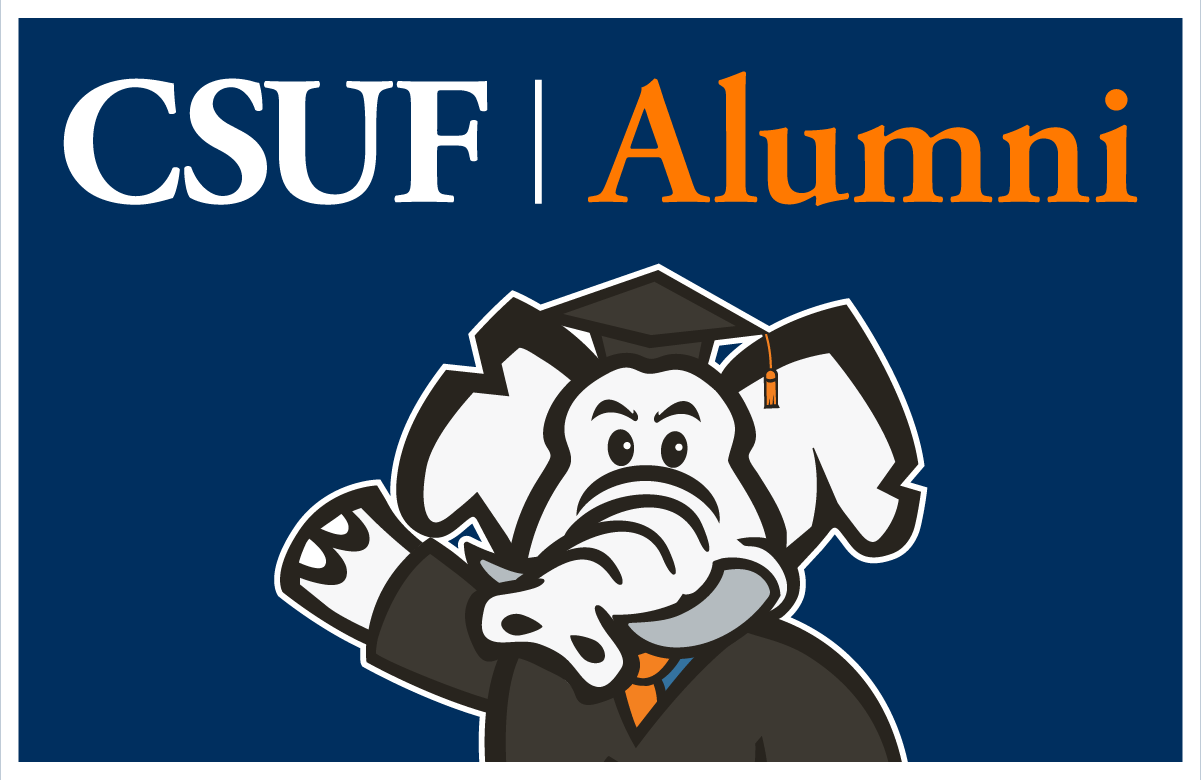 CSUF Alumni Wordmark with Tuffy in a cap and gown