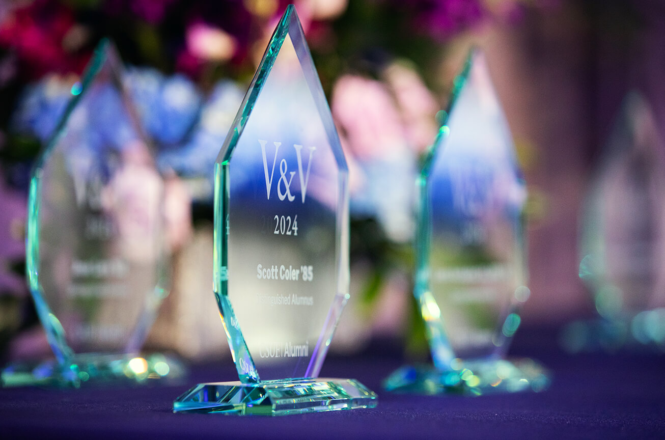 Crystal V&V awards set on a table.